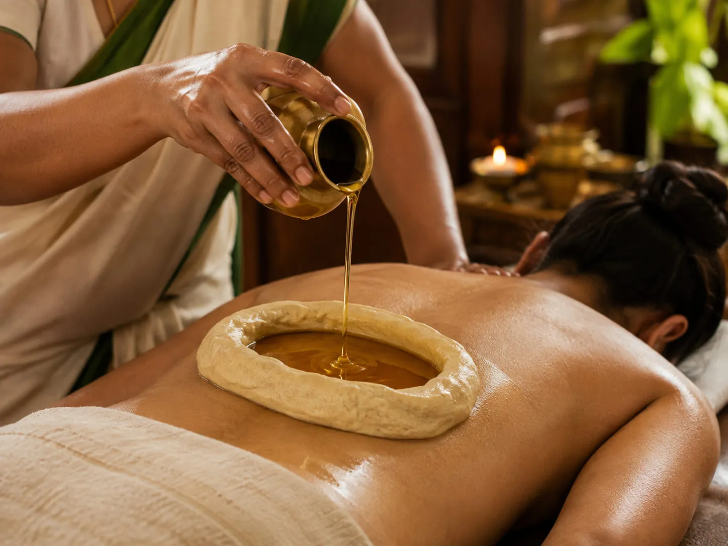 A therapist working the lower back during an Ayurvedic oil therapy